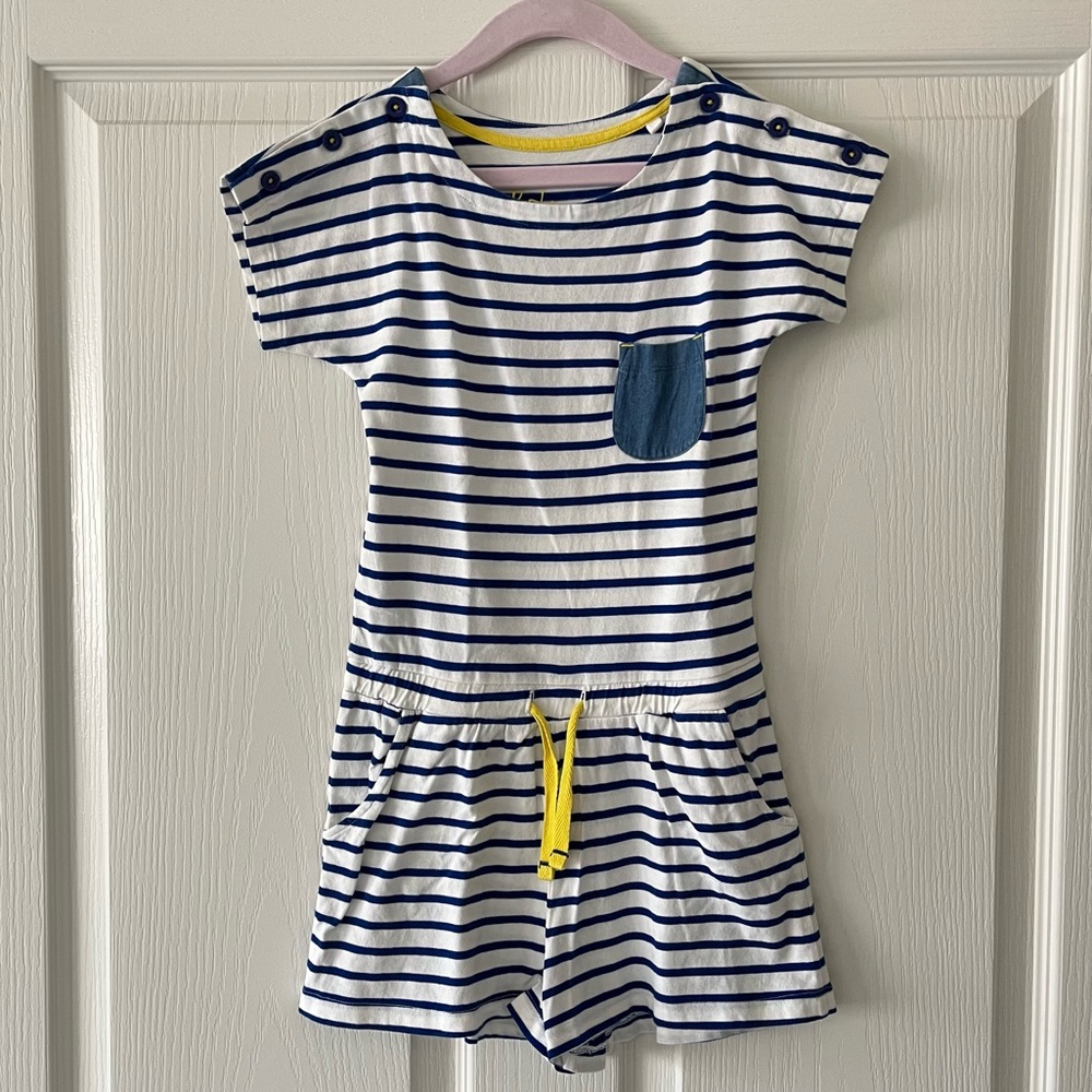 Mini Boden Blue and White Striped Cotton Romper - Size 6/7